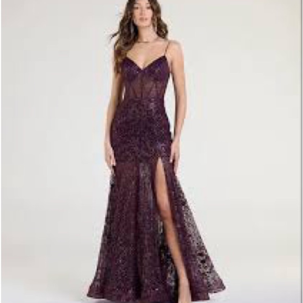Plum Sequin Prom Dress with Slit